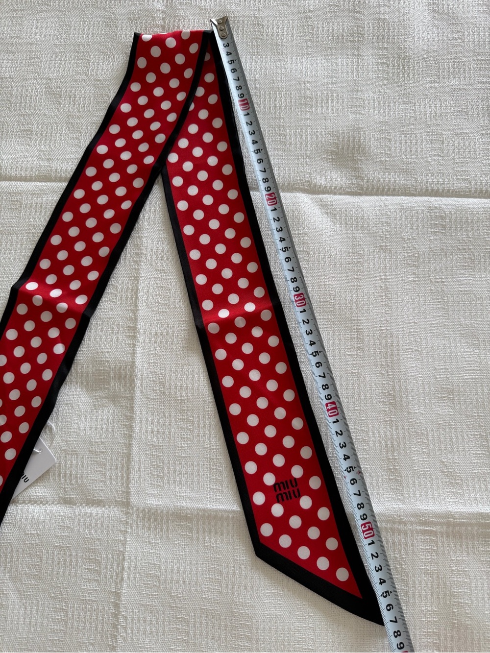 Miu Miu Red and White Polka Dot Satin Twilly with Black Trim - Picture 2 of 3